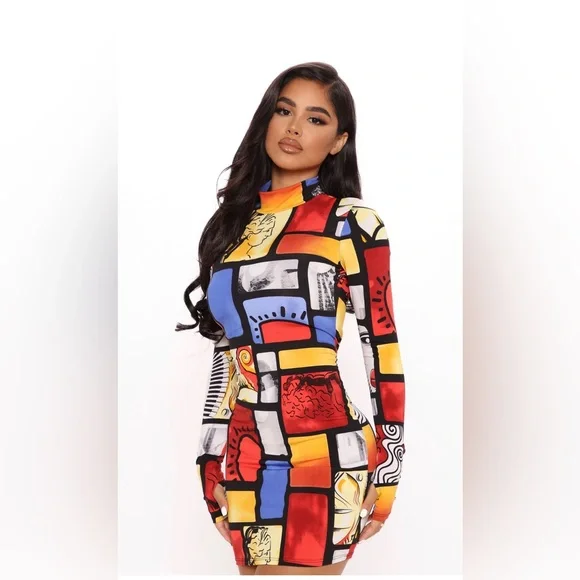 Fashion Nova | Dresses | Fashion Nova Picassa Printed Long Sleeve Mini Dress  Multi Colorsize Xl | Poshmark